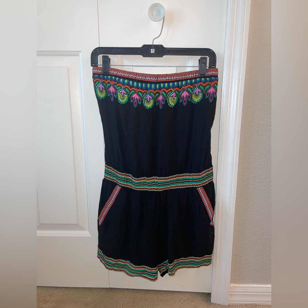 Trina Turk Black Strapless Embroidered Romper with Multicolor Trim